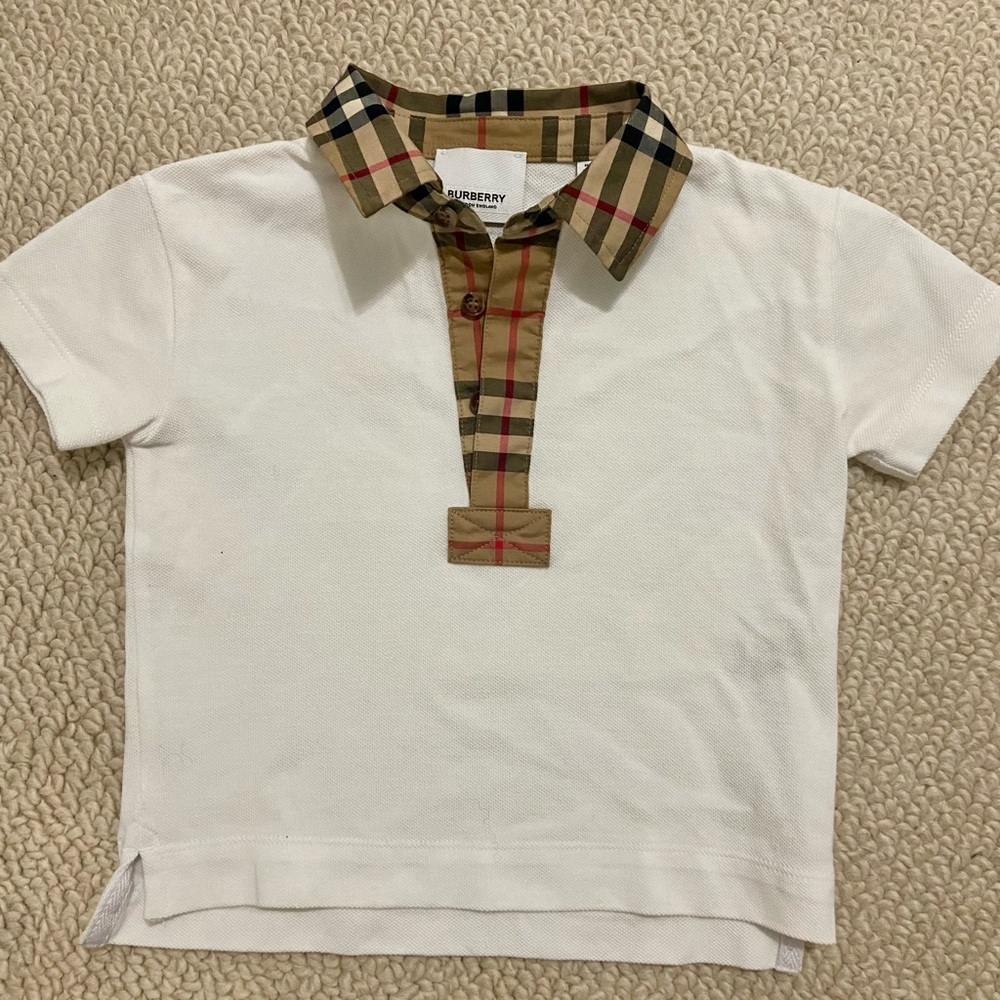 Burberry Kids White Polo Shirt with Check Collar 18 months